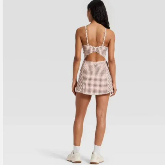 JoyLab - Women's Cinch Back Active Dress - Brown Gingham Medium - Picture 3 of 4